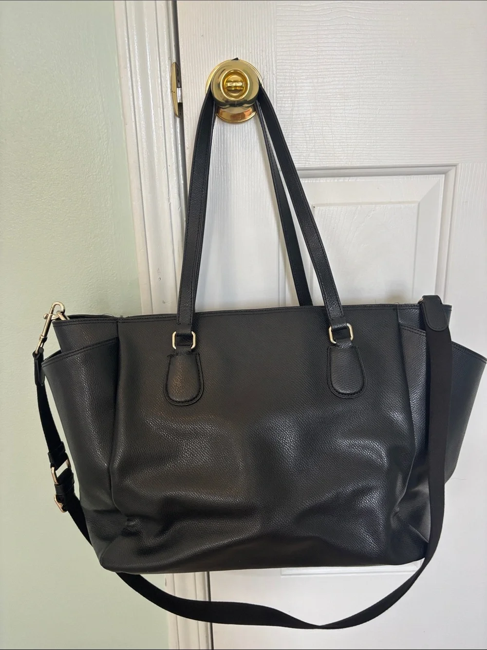 Coach Black Leather Diaper Bag Tote with Gold Hardware